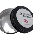 Metal tin with a black lid featuring 'essential flyfisher' branding on a white background. Australia NZ.