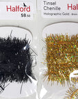 Tinsel chenille black, holographic gold 8mm - Halford Tiewell