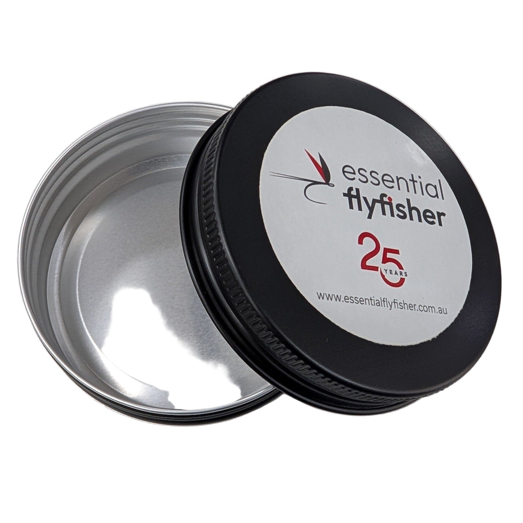 Metal tin with a black lid featuring 'essential flyfisher' branding on a white background. Australia NZ.