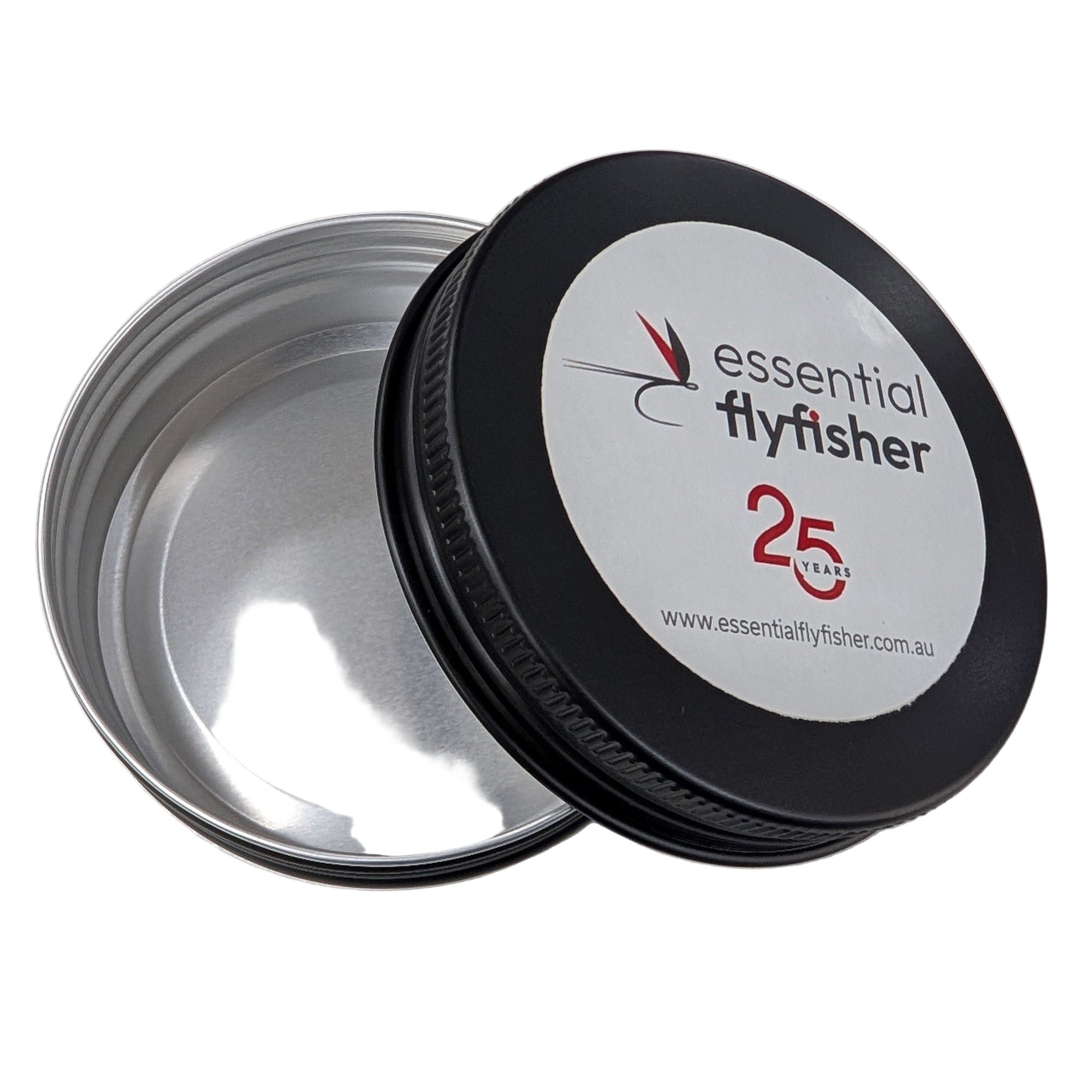 Metal tin with a black lid featuring 'essential flyfisher' branding on a white background. Australia NZ.