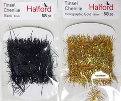 Tinsel chenille black, holographic gold 8mm  - Halford Tiewell